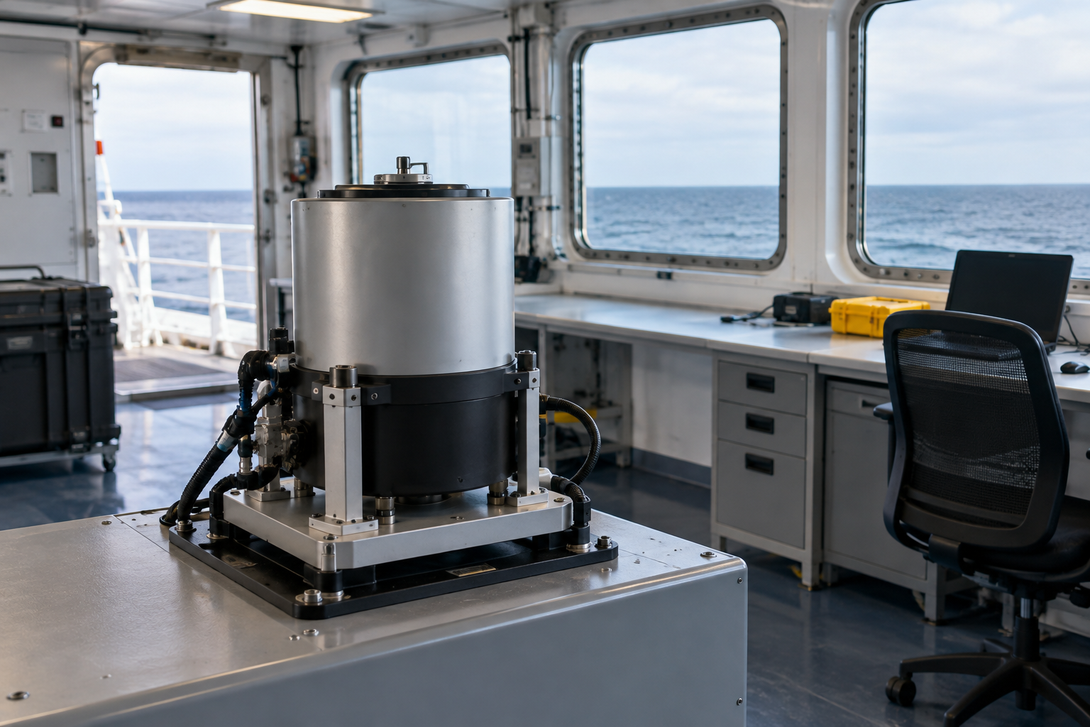 Generic shipboard gravity-sensing navigation instrument in a marine research workspace.